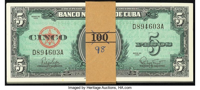 Cuba Banco Nacional de Cuba 5 Pesos 1960 Pick 92a Pack of 98 Consecutive Example...