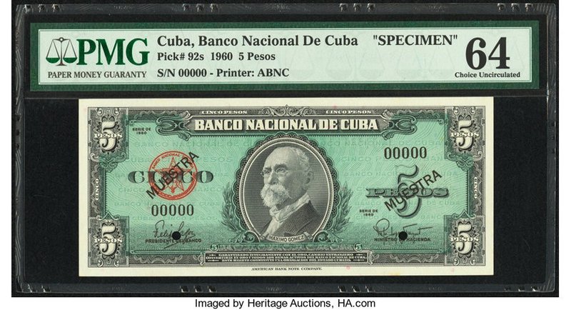 Cuba Banco Nacional de Cuba 5 Pesos 1960 Pick 92s Specimen PMG Choice Uncirculat...