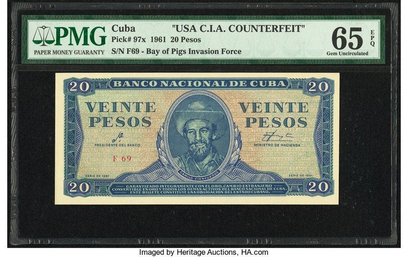Cuba Banco Nacional de Cuba 20 Pesos 1961 Pick 97x C.I.A. Counterfeit PMG Gem Un...