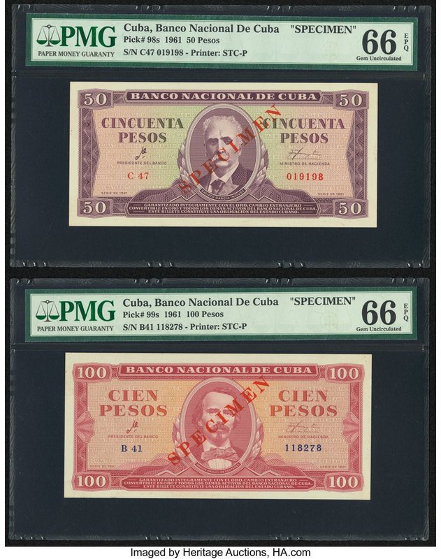 Cuba Banco Nacional de Cuba 50; 100 Pesos 1961 Pick 98s; 99s Two Specimens PMG G...
