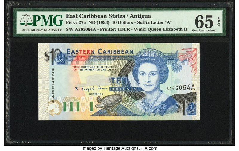 East Caribbean States Central Bank, Antigua 10 Dollars ND (1993) Pick 27a PMG Ge...