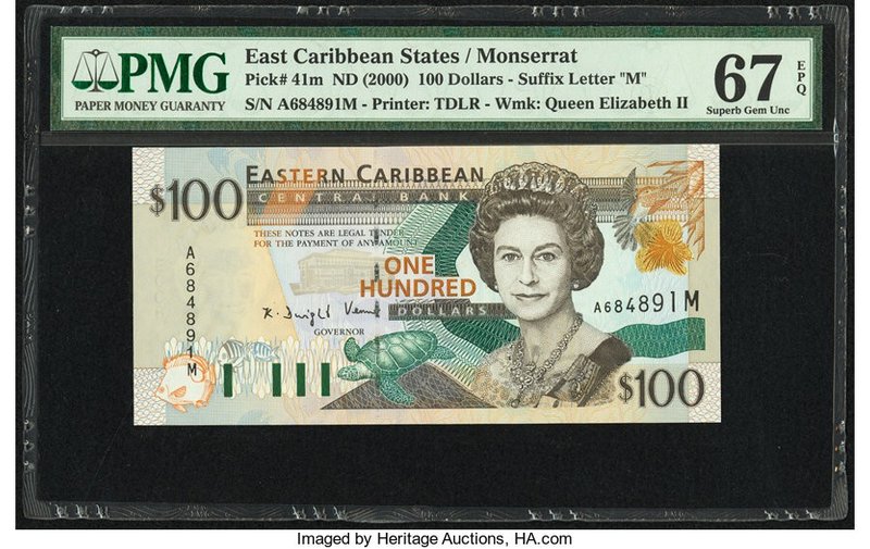 East Caribbean States Central Bank, Montserrat 100 Dollars ND (2000) Pick 41m PM...