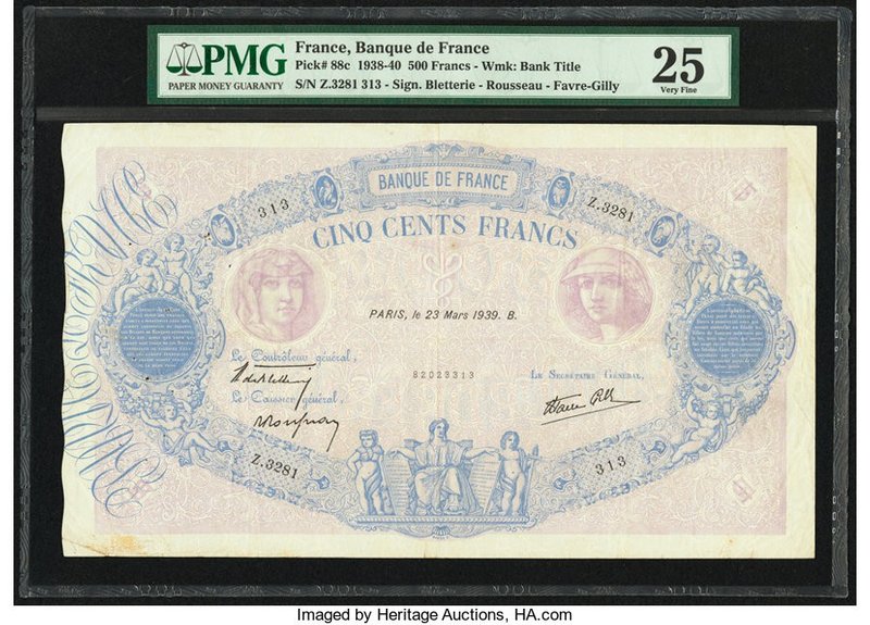 France Banque de France 500 Francs 23.3.1939 Pick 88c PMG Very Fine 25. Pinholes...