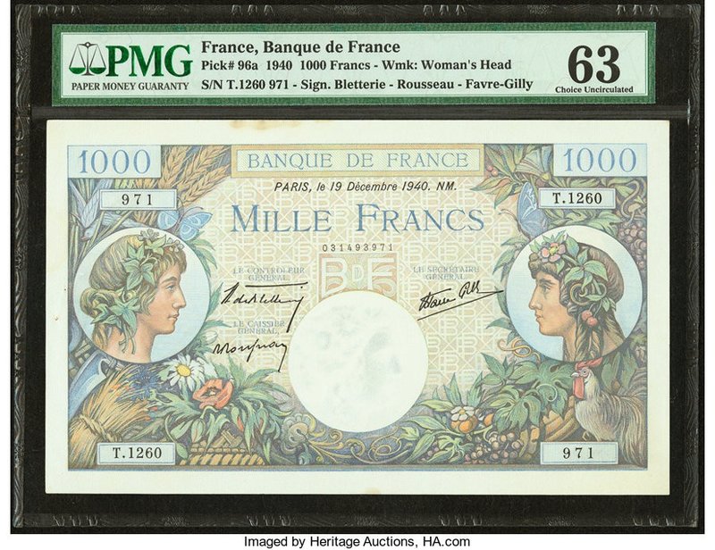 France Banque de France 1000 Francs 19.12.1940 Pick 96a PMG Choice Uncirculated ...
