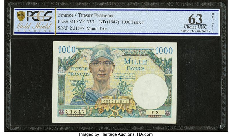 France Tresor Francais 1000 Francs ND (1947) Pick M10 PCGS Gold Shield Choice UN...