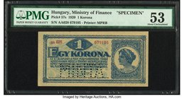 Hungary Ministry of Finance 1 Korona 1.1.1920 Pick 57s Specimen PMG About Uncirculated 53. Perforated "Minta" and pinholes present.

HID09801242017