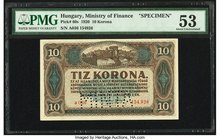 Hungary Ministry of Finance 10 Korona 1.1.1920 Pick 60s Specimen PMG About Uncirculated 53. Pinholes.

HID09801242017