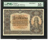 Hungary Ministry of Finance 1000 Korona 1.1.1920 Pick 66s Specimen PMG About Uncirculated 55 EPQ. Perforated Minta.

HID09801242017