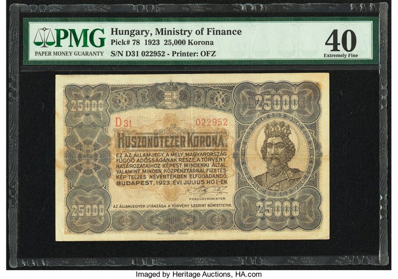 Biddr Heritage Auctions Weekly Auction Lot Hungary Ministry Of Finance 25 000 Korona 1 7 1923 Pick 78 Pmg Extremely Fine 40