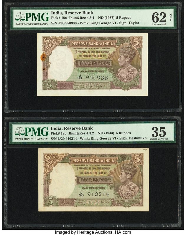 India Reserve Bank of India ND (1937); ND (1943) Pick 18a; 18b Jhun4.3.1; 4.3.2 ...
