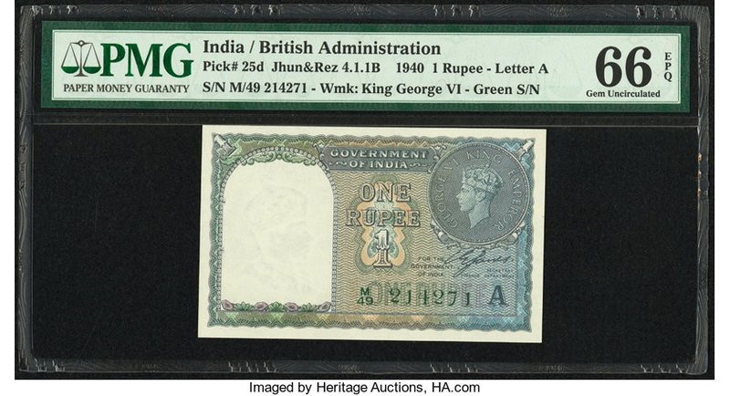 India Government of India 1 Rupee 1940 Pick 25d Jhun4.1.1B PMG Gem Uncirculated ...