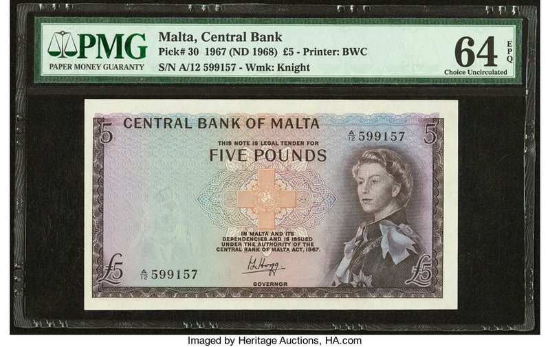 Malta Central Bank of Malta 5 Pounds 1967 (ND 1968) Pick 30 PMG Choice Uncircula...