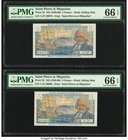 Saint Pierre and Miquelon Caisse Centrale de la France d'Outre Mer 5 Francs ND (1950-60) Pick 22 Two Consecutive Examples PMG Gem Uncirculated 66 EPQ....