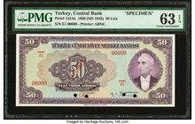 Turkey Central Bank of Turkey 50 Lira 1930 (ND 1942) Pick 142As Specimen PMG Choice Uncirculated 63 EPQ. Four POCs.

HID09801242017