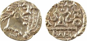 Aquitaine, Banassac (Javols, Lozère), Gauletano monétaire, trémissis, c.620-640
Tête diadémée à droite, devant une croix au-dessus de trois épis de b...