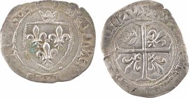 Charles VII, blanc à la couronnelle, Poitiers
A/+ KAROLVS: FRANCORV: REX, ponct. par deux étoiles superposées
Écu de France, sous une couronnelle
R...