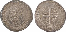 Charles VII, blanc à la couronnelle, Tours
A/+ KAROLVS: FRANCORV: REX (tour), ponct. par deux étoiles superposées
Écu de France, sous une couronnell...