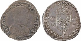 François II (au nom d'Henri II), demi-teston à la tête nue 1er type, 1559 Bayonne
A/(à 8 h.) HENRICVS. II. D. G. FRANCOR. REX
Buste du Roi à droite,...