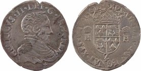 Charles IX (au nom d'Henri II), teston du Dauphiné, 1561 Grenoble
A/(à 7 h.) .HENRICVS. II. DEI. G. FRAN. REX
Buste du Roi à droite, cuirassé, la tê...