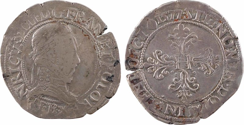 Henri III, franc au col plat, 1577 Rouen
A/(à 6 h.) HENRICVS. III. D: G. FRAN. ...