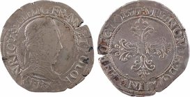 Henri III, franc au col plat, 1577 Rouen
A/(à 6 h.) HENRICVS. III. D: G. FRAN. ET. POLO. REX (atelier)
Buste à droite du Roi, lauré et cuirassé, ave...