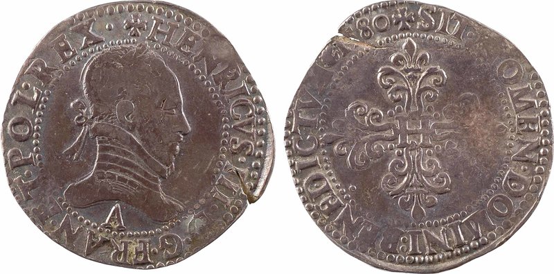 Henri III, franc au col plat, 1580 Paris
A/(à 12 h.) + HENRICVS. III. D. G. FRA...