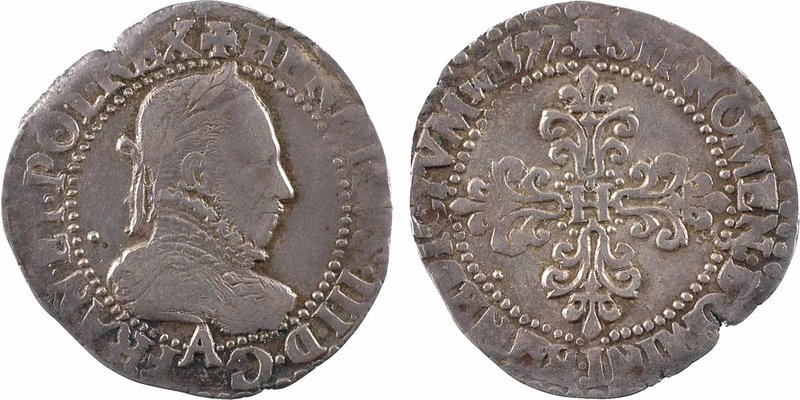 Henri III, quart de franc au col gaufré, 1577 Paris
A/(à 12 h.) + HENRICVS. III...