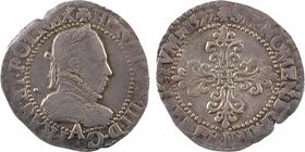Henri III, quart de franc au col gaufré, 1577 Paris
A/(à 12 h.) + HENRICVS. III. D. G - FRAN. ET. POL. REX
Buste à droite du Roi, lauré et cuirassé,...