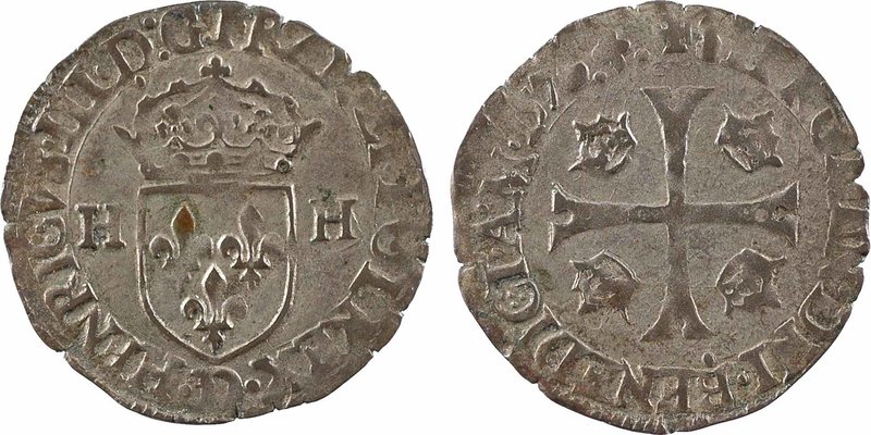 Henri III, douzain aux 2 H, 1er type, 1576 Lyon
A/(à 6 h.) HENRICVS. III. D: G....