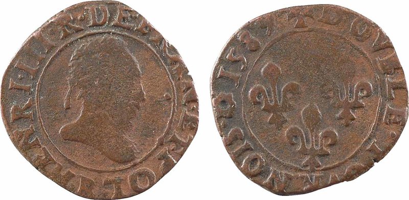 Henri III, double tournois, 1589 Rouen
A/(à 6 h.) HENRI. III. R. DE. FRAN. ET. ...