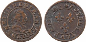 La Ligue (au nom d'Henri III), double tournois 2e type, s.d. (1589-1590) Paris
A/HENRI. III. R. DE. FRAN. ET. POL
Buste à droite du Roi, lauré et cu...