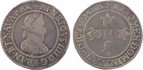 Henri IV, demi-franc, 1er type de Saint-Lô, 1595 Saint-Lô
A/(à 12 h.) + HENRICVS. IIII. D: G. FRAN. ET. NAVA. REX.
Buste à droite du Roi, lauré et c...
