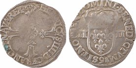 Henri IV, quart d'écu, croix feuillue de face, 1605 Rennes
A/HENRICVS. IIII. D: G. FRANC. ET. NAVA. REX (date)
Croix feuillue avec quadrilobe ponctu...