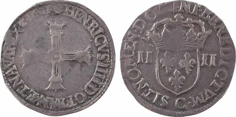 Henri IV, quart d'écu, croix bâtonnée et couronnée de face, 1601 Saint-Lô
A/+ H...