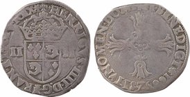 Henri IV, quart d'écu du Dauphiné, 1603 Grenoble
A/(à 12 h.) + HENRICVS. IIII. D: G. FRAN. ET. NAV. REX (différent)
Écu de France-Dauphiné couronné,...