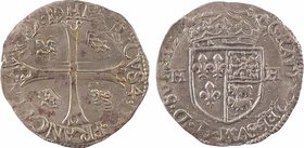 Henri IV, douzain de Béarn 1er type, 1590 Morlaàs
A/HENRICVS 4. D. G. FRANC. ET. NAV. REX. BD
Croix échancrée, cantonnée de deux couronnelles et de ...