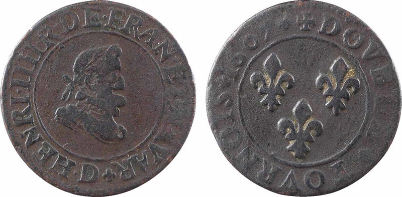 Henri IV, double tournois 1er type, 1607 Lyon
A/(à 6 h.) HENRI. IIII. R. DE. FR...
