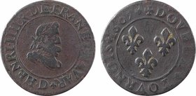Henri IV, double tournois 1er type, 1607 Lyon
A/(à 6 h.) HENRI. IIII. R. DE. FRAN. ET. NAVAR+
Buste à droite du Roi, lauré et cuirassé ; différent d...