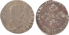 Louis XIII, demi-franc 1er type, 1622 Toulouse
A/LVDOVIC. XIII. D. G. FRANC. ET. NAVA. REX
Grand buste enfantin à droite du Roi, lauré et cuirassé a...