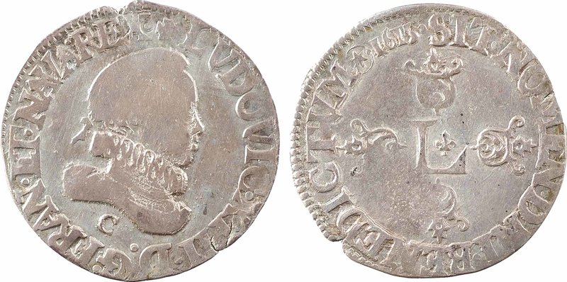 Louis XIII, demi-franc 4e type, 1615 Saint-Lô
A/+ LVDOVIC. XIII. D: G. FRAN. ET...