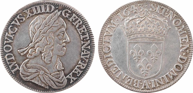 Louis XIII, demi-écu d'argent, 3e type (2e poinçon), 1643 Paris (point)
A/LVDOV...
