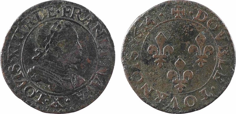 Louis XIII, double tournois 1er type, 1614 Amiens
A/(à 6 h.) LOVIS. XIII. R. DE...