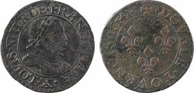 Louis XIII, double tournois 1er type, 1614 Amiens
A/(à 6 h.) LOVIS. XIII. R. DE. FRAN. ET. NAVA.
Buste enfantin du Roi à droite, lauré et cuirassé, ...