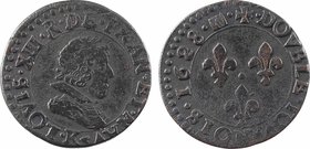 Louis XIII, double tournois 7e type, 1628 Bordeaux
A/(à 6 h.) LOVIS. XIII.R. DE. FRAN. ET. NAV (différent)
Buste enfantin du Roi à droite, lauré et ...