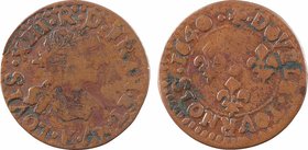 Louis XIII, double tournois 14e type, 1640 Bordeaux
A/(à 6 h.) LOVIS. XIII. R. D. FRAN. ET. NV.
Buste du Roi à droite, lauré et drapé ; différent d'...
