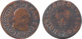 Louis XIII, double tournois 15e type, 1640 La Rochelle
A/(à 6 h.) LOVIS* XIII* R* D* FRAN* ET* NA
Buste du Roi à droite, lauré et drapé ; différent ...
