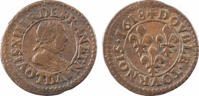 Louis XIII, double tournois 4e type, 1618 Lyon
A/(à 6 h.) LOVIS. XIII. R. DE. FRAN. ET. NAV.
Buste du Roi à droite, lauré et cuirassé, avec col plat...
