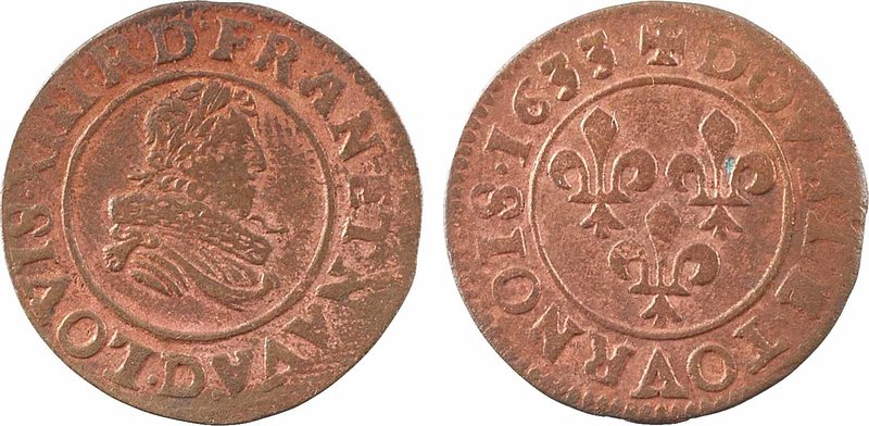 Louis XIII, double tournois 8e type, 1633 Lyon
A/(à 6 h.) LOVIS. XIII. R. D. FR...