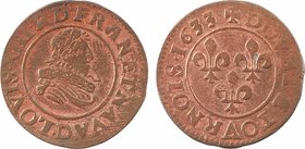 Louis XIII, double tournois 8e type, 1633 Lyon
A/(à 6 h.) LOVIS. XIII. R. D. FRAN. ET. NAVA.
Buste barbu du Roi à droite, lauré, drapé et cuirassé ;...