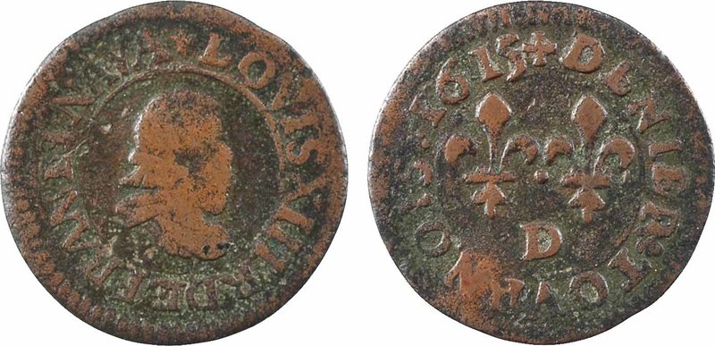 Louis XIII, denier tournois 1er type, 1615 Lyon
A/(à 12 h.) + LOVIS. XIII. R. D...